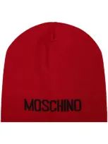 Moschino Intarsia Knit-logo Beanie In Red