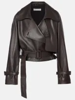 Nour Hammour Hatti Belted Cropped Leather Jacket In Molasses