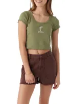 O'neill Kids' Sammie Logo Embroidered Cotton Crop T-shirt In Oil Green