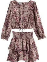 Pippa & Julie Kids' Floral Top & Smocked Skirt Set In Grey