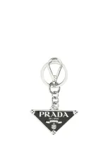 Prada Triangle-logo Metal Keyring In Black