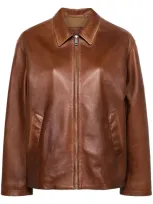 Prada Triangle-logo Leather Jacket In Brown