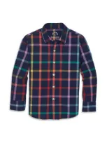 Primary Long Sleeve Rainbow Plaid Button Down In Navy Rainbow Plaid