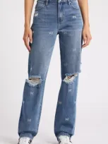 Ptcl Rhinestone Bow Ripped High Waist Straight Leg Jeans In Indigo