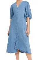 Stine Goya Volume Sleeves Midi Dress Denim Blue