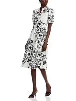 T Tahari Floral Button Down Midi Dress In White/black