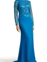 Tadashi Shoji Sequin Lace Long Sleeve Crepe Gown In Deep Ocean