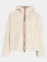 Utzon James Hooded Zip Shearling Jacket In Ennui White