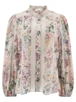 Zimmermann Halliday Floral Lace Trim Balloon Sleeve Cotton Button-up Shirt In Multi Watercolour Floral