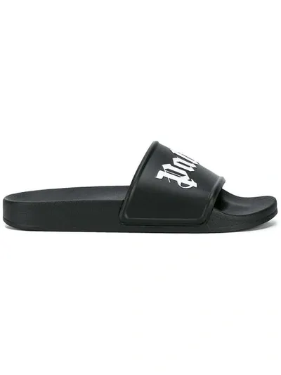 Palm Angels Black Logo Pool Slides In Black White