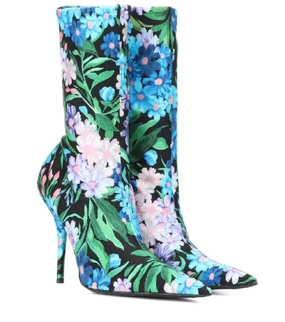 Balenciaga Knife Floral-print Stretch-jersey Ankle Boots In Blue Other