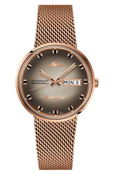 Mido Commander Shade Mesh Strap Watch In Rose Gold