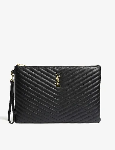 Saint Laurent Monogram Quilted Leather Document Pouch In Black