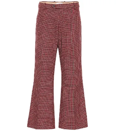 Chloé Cropped Checked Wool-blend Wide-leg Pants In Red