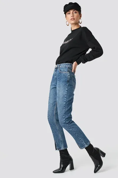 Na-kd Front Slit Jeans - Blue In Mid Blue