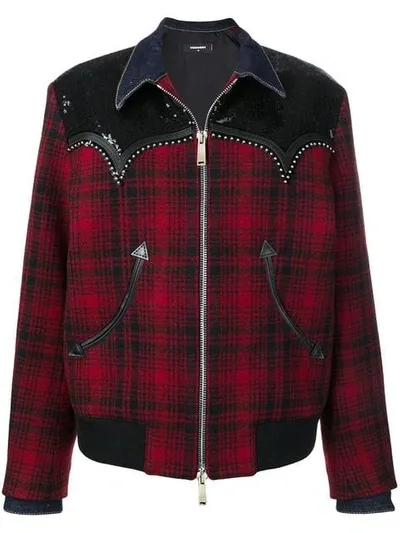 Dsquared2 Studded Check Wool Shirt Jacket In Red,black