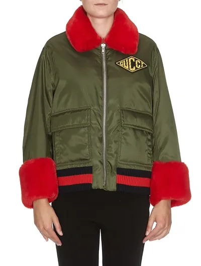 Gucci Nylon Gabardine Web-trim Coat W/ Faux-fur Details In Military Green/multi