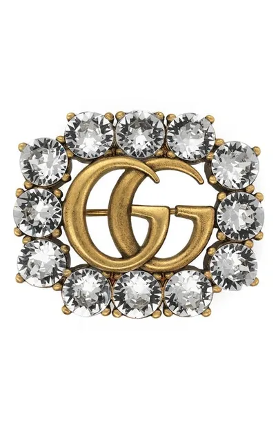 Gucci Metal Double G Brooch With Crystals In Gold