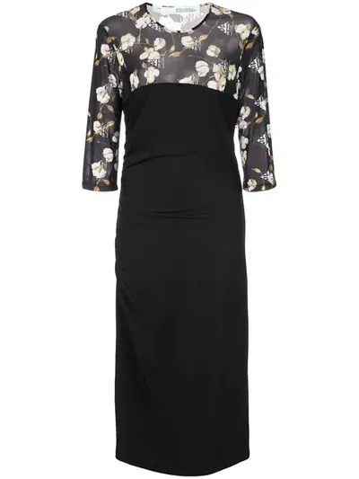 Off-white Draped Floral-print Mesh Illusion Sheath Dress In Black