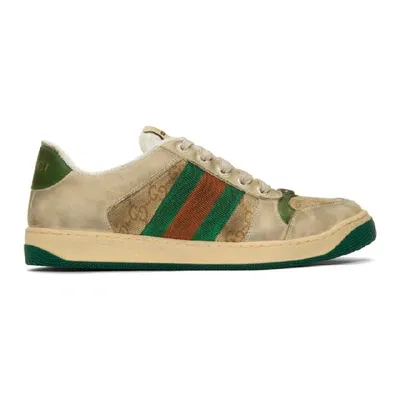 Gucci Screener Monogrammed Canvas And Webbing-trimmed Distressed Leather Sneakers In Green