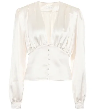 Saint Laurent Silk-satin V-neck Button-front Blouse In White