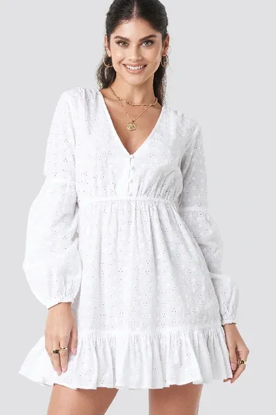 Na-kd Anglaise Balloon Sleeve Dress - White