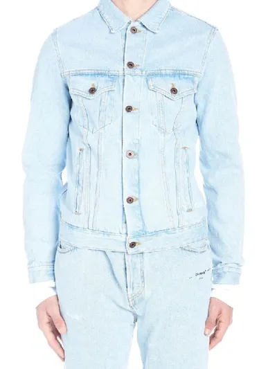 Off-white Contrast Hood Distressed Denim Jacket In Blue