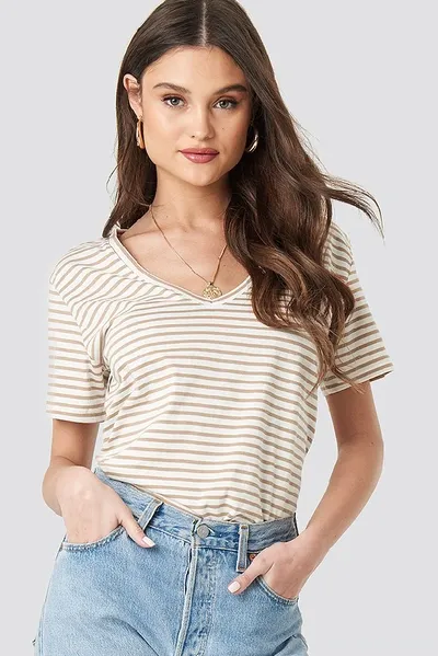 Na-kd Cotton Striped V-neck Tee - Beige