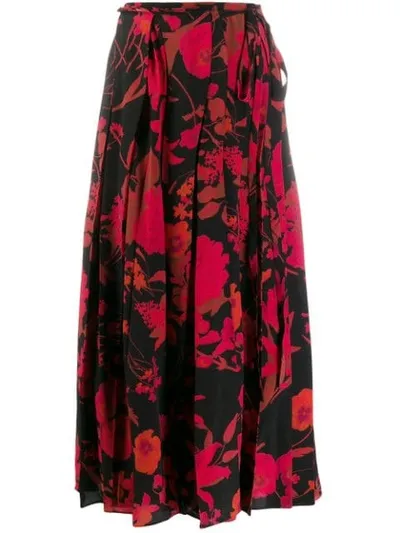 Valentino Floral Print Pleated Skirt In Nero Rosso