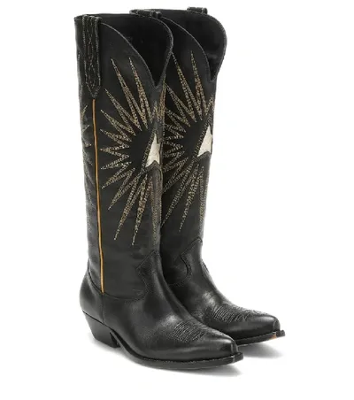 Golden Goose Wish Star Embroidered Textured-leather Knee Boots In Black