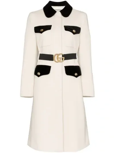 Gucci Velvet Trim Belted Wool Coat In White