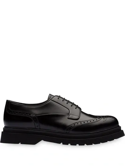 Prada Brushed Leather Lug-sole Brogues In Black