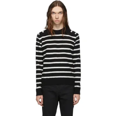 Saint Laurent Striped Brushed Virgin Wool Sweater In Black