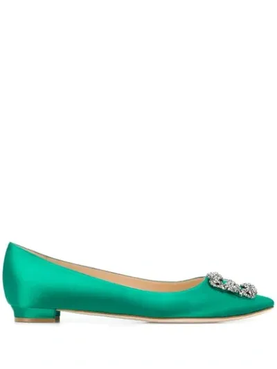 Manolo Blahnik Hangisi Embellished Satin Point-toe Flats In Emerald