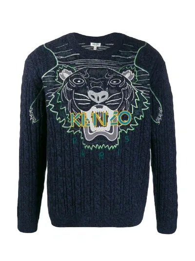 Kenzo Navy Embroidery Claw Tiger Sweater In Blue