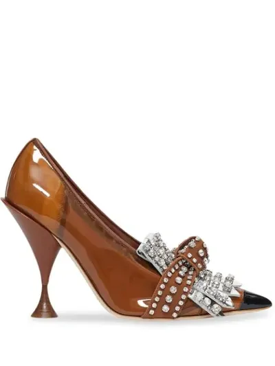 Burberry Evan Crystal-embellished Vinyl-coated Pumps In Brown,black,silver