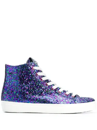 Leather Crown Glitter Hi-top Sneakers In Blue