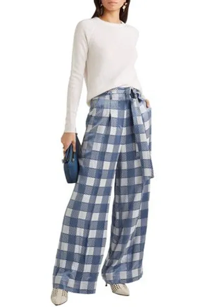 Temperley London Lena Checked Satin-jacquard Wide-leg Pants In Azure