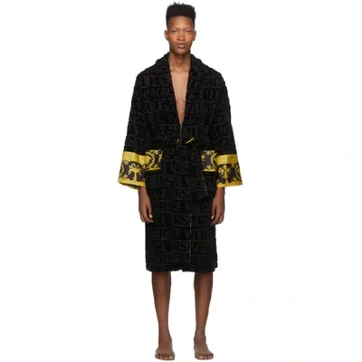 Versace Black I Heart Baroque Bath Robe In Black Gold