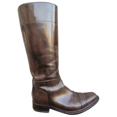 Pre-owned Prada Patent Leather Riding Boots In Brown