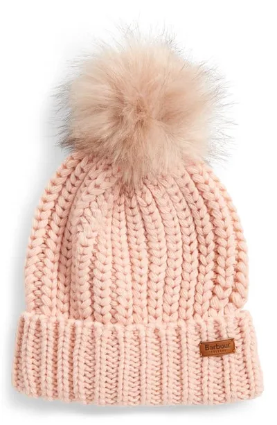 Barbour Saltburn Faux Fur Pom Beanie In Pink