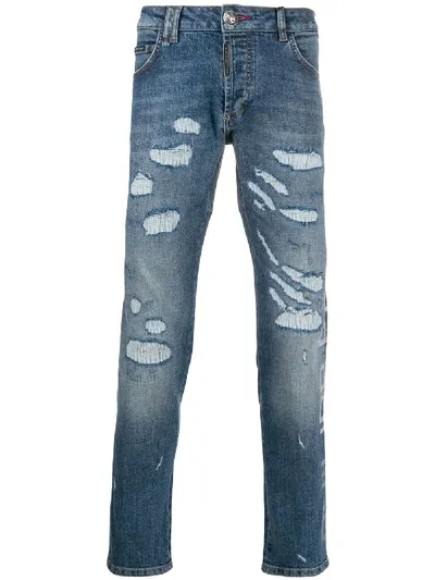 Philipp Plein Distressed Slim-fit Jeans In Blue