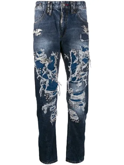 Philipp Plein Distressed Straight Leg Jeans In Blue