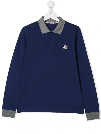 Moncler Teen Logo Patch Polo Shirt In Blue