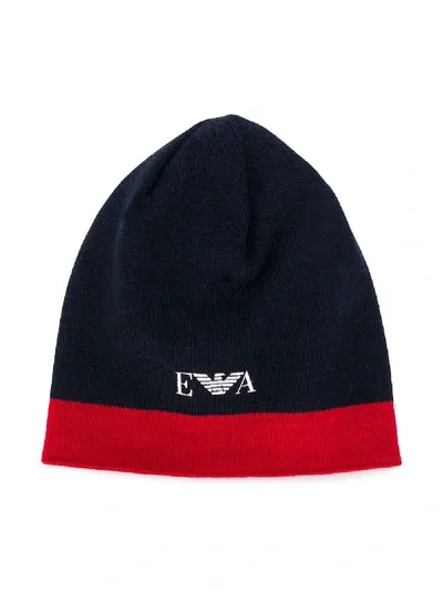 Emporio Armani Babies' Two-tone Logo Beanie In Blue