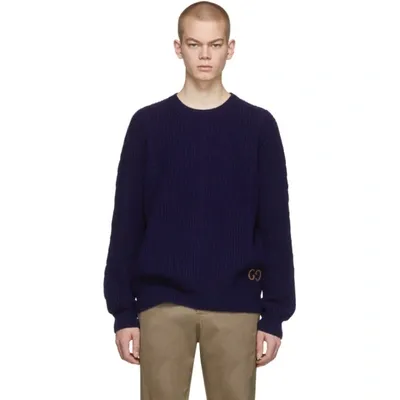 Gucci Navy Cable Knit Wool Gg Sweater In Blue