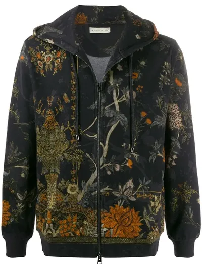 Etro Zipped Gardenia Printed Hoodie In Black