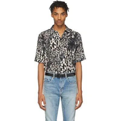 Saint Laurent Black & White Silk Tropical Shark-collar Short Sleeve Shirt In Black/white