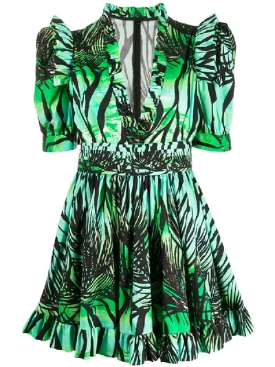 Fausto Puglisi Foliage-print Ruffled Dress In Green