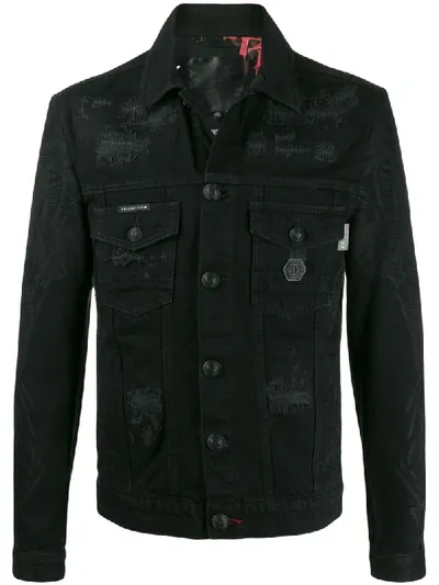 Philipp Plein Distressed Denim Jacket In Black